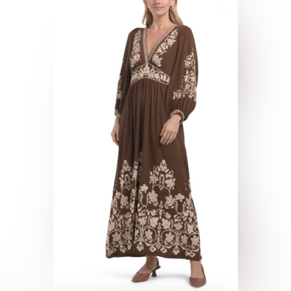 NWT Max Studio embroidered Brown Floral balloon sleeved Maxi Dress - XS